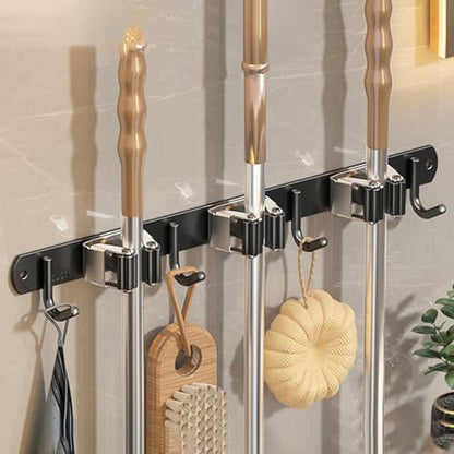 Wall-Mounted Broom Holder Stainless Steel Mop Storage Rack Laundry Room Storage Solution Suitable for Kitchens, Gardens, Garages (Black: 3 clips with 4 hooks) - color: Black: 3 clips with 4 hooks