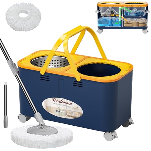 Compact Spin Mop and Bucket with Clean & Dirty Water System, Floor Mop with 360° Swivel Wheels, 61" Handle, 1 Reusable Mop Heads for for Wood, Tile, Vinyl, Baseboards- Blue/Yellow - size: Spin Mop Bucket + 1 Extra Refill