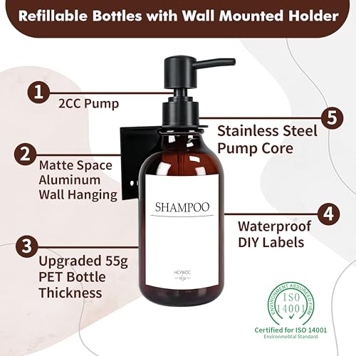 Shampoo Dispenser for Shower Wall, Shampoo and Conditioner Dispenser with 16 Waterproof Labels, No Drill Shower Soap Dispenser Bathroom, Shower Soap Dispenser Wall Mounted,17oz, 3 Pack, Amber - color: 1-amber Bottle + Black Pump