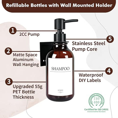 Shampoo Dispenser for Shower Wall, Shampoo and Conditioner Dispenser with 16 Waterproof Labels, No Drill Shower Soap Dispenser Bathroom, Shower Soap Dispenser Wall Mounted,17oz, 3 Pack, Amber - color: 1-amber Bottle + Black Pump