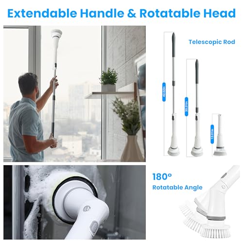 Moclever Electric Spin Scrubber – Cordless, Rechargeable, 400RPM Powerful Cleaning Brush with 6 Replaceable Heads, 2-Speed Adjustment & Extendable Handle for Bathroom, Tile, and Grout