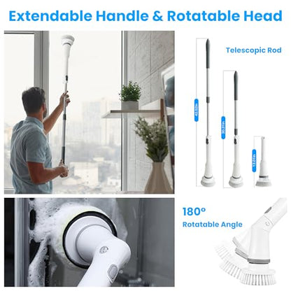 Moclever Electric Spin Scrubber – Cordless, Rechargeable, 400RPM Powerful Cleaning Brush with 6 Replaceable Heads, 2-Speed Adjustment & Extendable Handle for Bathroom, Tile, and Grout