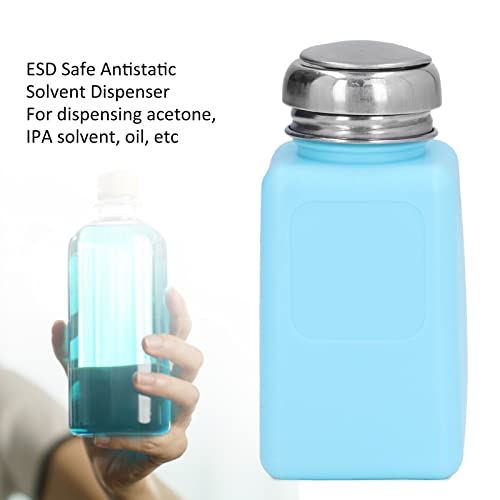Solvent Dispenser, 200ml Push Down Alcohol Dispenser Pump Bottle ESD Anti Static Square Bottle with Stainless Steel Lid Liquid Pumping Empty Cap for Alcohol Makeup Remover (Blue)