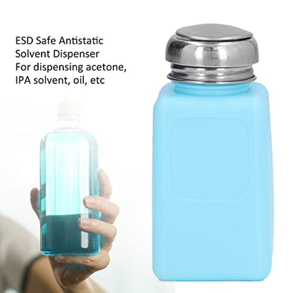 Solvent Dispenser, 200ml Push Down Alcohol Dispenser Pump Bottle ESD Anti Static Square Bottle with Stainless Steel Lid Liquid Pumping Empty Cap for Alcohol Makeup Remover (Blue)