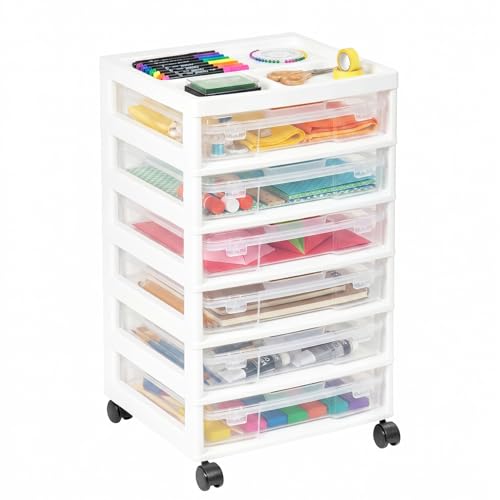 novelinks Rolling Storage Cart, 6-Tier, for 12" x 12" Paper & Scrapbook Supplies—White, 6 Clear Cases & Built-in Handles, Holds Yarn, Vinyl, Stationery, Art, Craft, and Office Tools