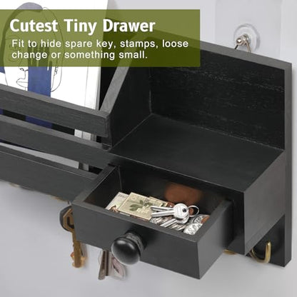 Key Holder Wall Mount, Wooden Adhesive Mail and Key Organizer with Drawer, Small Shelf, 8 Hooks, 2 Installation Methods, Black - color: Black