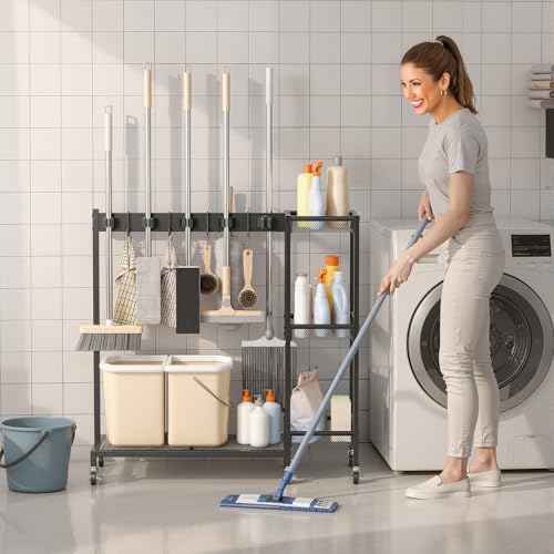 Cleaning Cart on Wheels,Broom Holder with Cleaning Supplies Organizer,10 Grippers, 4 Double-sided Hooks, 3-tier Shelves Broom and Mop Utility Carts for Laundry, Garage, Tool Room Black