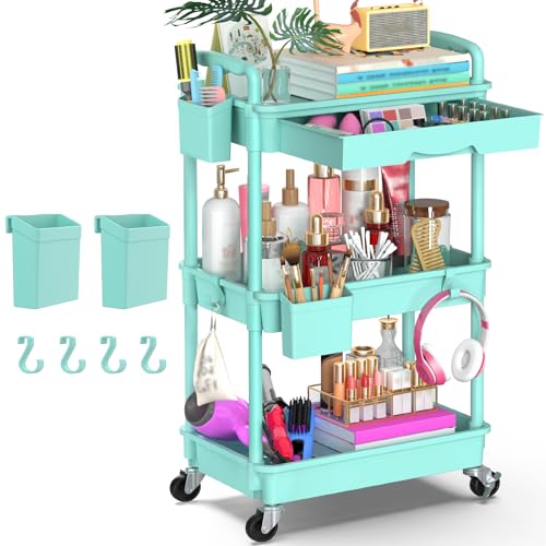 Goovilla 3 Tier Rolling Utility Cart Organizer with Removable Drawer, Stable and Sturdy Blue Rolling Storage Carts with 2 Lockable Wheels for Bathroom, Kitchen, Snack, Craft, Makeup, Baby Essentials - size: 3 Tier, style: Blue