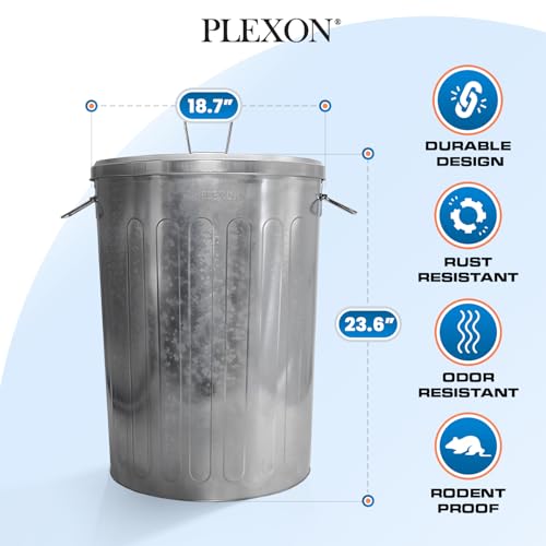 Plexon 20 Gallon Metal Trash Can with Lid Outdoor Large Trash Bin Galvanized Steel Garbage Can for Farm Garage Patio Ash Bucket Bird Seed Storage Can Heavy Duty Round Container, 2 Pack