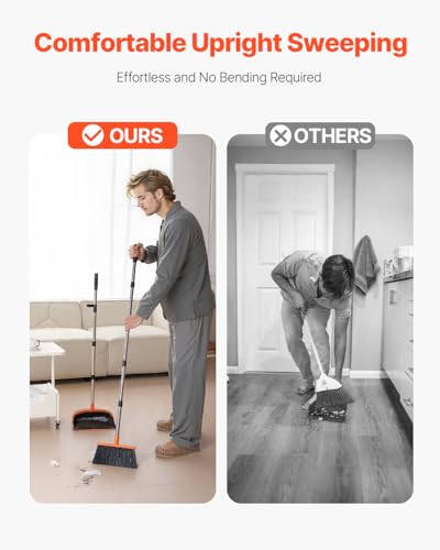 VEVOR Broom and Dustpan Set, Heavy Duty Dustpan and Broom Combo with Self-Cleaning Teeth, Metal Upright Standing Dust Pan with Long Handle, Ideal for Home, Restaurant, Office, Dorm, Black+Orange