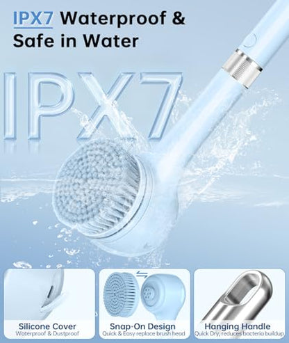 Electric Body Brush Back Scrubber for Shower, Waterproof Rechargeable Auto Bath Brush with Long Handle, 5 Replaceable Heads & 3 Speeds, Deep Cleansing Exfoliating Massage Spin Scrubber for Men & Women - color: Blue.