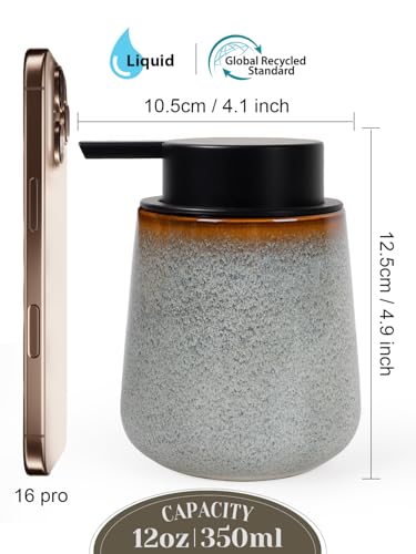 INGOFIN Ceramic Lotion Dispenser - 12 oz Refillable Hand Soap Dispenser Bathroom, Modern Liquid Dispenser with Pump, Dish Soap Dispenser for Kitchen, Kiln-Glazed Grey White - color: Kiln-glazed Grey White-liquid