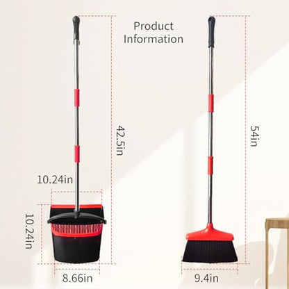 Broom with Dustpan Combo Set 54" Long Handle Adjustable Length Stainless Steel Broomstick Standing Dust Pan and Broom Set for Office Home Kitchen Lobby Floor Cleaning (Red and Black) - color: Black and Red