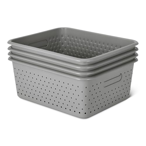 Amazon Basics Decorative BPA-Free Plastic Storage Baskets, 13.66 x 11.34 x 5.39, Grey, Pack of 4 - color: Grey, size: 4-pack