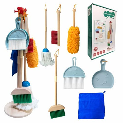 Kids Cleaning Set, 8 Pack Wooden Housework Cleaning Includes Broom Mop Duster Dustpan Brushes Rag and Organizing Stand, Solid Beech Wood , Cleaning Toys Gift for Toddlers Girls Boys Age 3-8