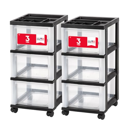 IRIS USA Plastic Drawer Storage Organizer Rolling Cart, 2-Pack, with Wheels Casters, 3-Drawers, for Classroom Art Craft Supplies Dresser Closet Bathroom Laundry Room, Black/Clear - color: Black, size: 3 Drawer - 2 Pack