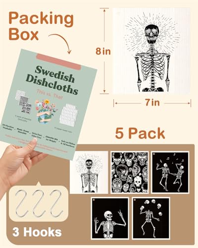 Miss Adola Swedish Dishcloths for Kitchen with Hooks - Reusable Dish Cloths for Washing Dishes Fast Drying Cute Fun 5 Pack Swedish Dish Towels Washable Cleaning Sponge, Dancing Skeleton - color: Dancing Skeleton