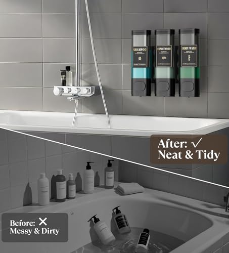 Luxspire Shampoo and Conditioner Dispenser, No Drill Wall Mounted Shower Soap Dispenser 3 Chamber with Waterproof Labels, Easy Refill Soap Dispenser for Bathroom Hotel Kitchen, Black - color: Black, size: 3 Chamber