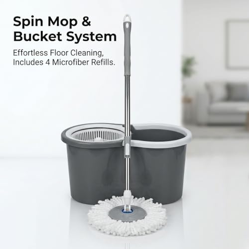 Spin Mop and Bucket System, 360° Rotating Wet & Dry Mop with Stainless Steel Handle, Includes 4 Washable Microfiber Mop Heads, Self-Wringing Floor Cleaning Set for Hardwood, Tile, Laminate