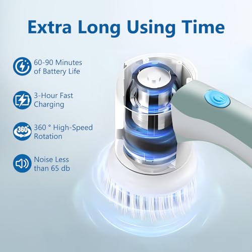 OBEST Electric Spin Scrubber, Cordless Cleaning Brush with 3 Replaceable Brush Heads, Rechargeable Handheld Shower Cleaner Dish Scrubber for Kitchen, Bathroom, Tub, Floor, Window, Cups, Tiles, Sink