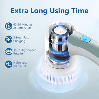 OBEST Electric Spin Scrubber, Cordless Cleaning Brush with 3 Replaceable Brush Heads, Rechargeable Handheld Shower Cleaner Dish Scrubber for Kitchen, Bathroom, Tub, Floor, Window, Cups, Tiles, Sink
