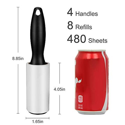 Lint Roller for Pet Hair - 480 Sheets, 4 Handles & 8 Refills, Easy-Peel Diagonal Cut, Strong Adhesive for Clothes, Furniture, Car, Dog & Cat Hair Remover