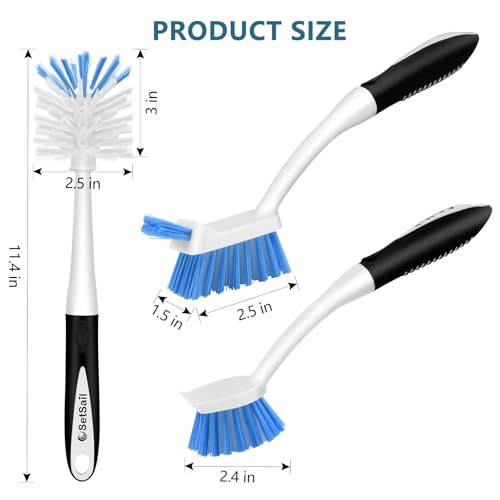 SetSail Dish Brush Set of 3 with Bottle Brush, Dish Scrub Brush with Long Handle Deep Cleaning Handle Brush with Scraper Tip for Kitchen Sink Dishes Bottle Cup Pot and Pans Tile Lines, Black Blue - color: Black Blue