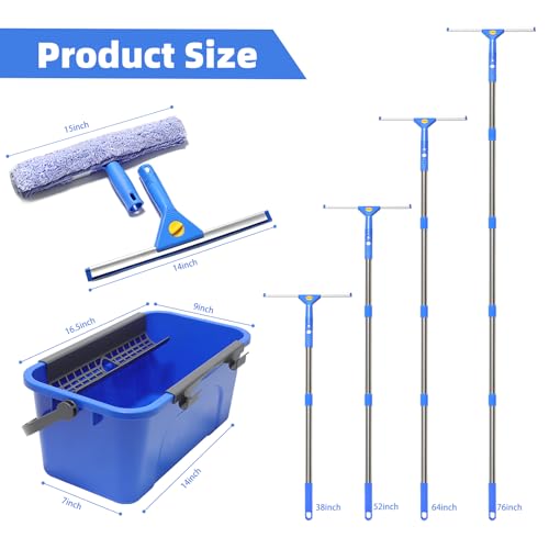Window Cleaning Kit with 3 Gallon Bucket – 76" Long Hand Window Washing Tool Set for Home, Commercial & Car – 14" Squeegee + 15" Scrubber, Professional Grade Cleaner Equipment for High Windows