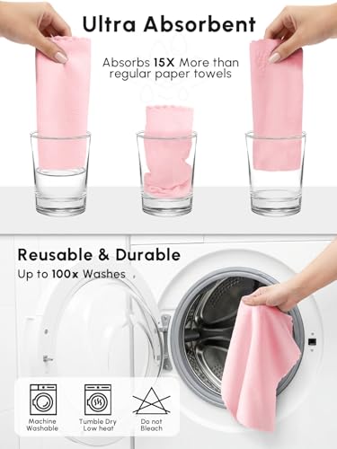 Microfiber Cleaning Cloths Roll, 225 Pack Tear Away Microfiber Towels Roll, 12" x 12" Lint Free Rags, Reusable Cleaning Cloths, Washable, Scratch Free,Ultra Absorbent Dish Rags(Pink) - color: Pink, size: 225 pack