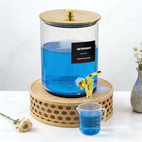 Glass Laundry Detergent Dispenser for Laundry Room Organization, 1 Gallon Large Liquid Soap Dispenser with Black Metal Lid & Leak-Proof Spigot, 2 Measured Cups, 2 Silicone Mats & 9 Labels (2, Gold) - color: Gold