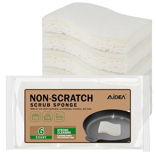 AIDEA Non-Scratch Scrub Sponge-6Count, Sponges Kitchen, Natural Sponge for Non-Stick Cookware, Cellulose Sponges for Dishes, Cleaning Power for Kitchen, Bathroom, Household - color: White