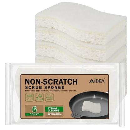 AIDEA Non-Scratch Scrub Sponge-6Count, Sponges Kitchen, Natural Sponge for Non-Stick Cookware, Cellulose Sponges for Dishes, Cleaning Power for Kitchen, Bathroom, Household - color: White