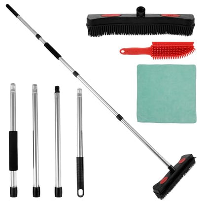 Rubber Broom with Squeegee Efficient Carpet Rake Broom with Adjustable Handle Practical Fur Remover Broom Reusable Detailing Lint Remover Brush Pet Hair Removal Broom for Pet Floor Carpet