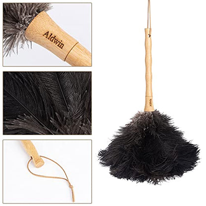 Aldwin Ostrich Feather Duster, 16 inch Black Genuine Ostrich Feathers with Wood Handle, Reusable Car Dusters, Eco-Friendly Cleaning Handheld Dusters for Home, Office and Kitchen - color: Black