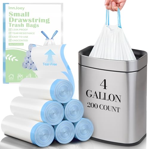 200 Count Small Drawstring Trash Bags for 4-Gallon (15 L) Trash Cans, Thick Pre-separated Garbage Bags,Mini Wastebasket can Liners for Bathroom Bedroom Office(White) - color: White-4Gallons, size: 1 Count (Pack of 200)
