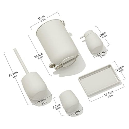 GAHEFY Small Beige White Bathroom Accessories Set with Mini Trash Can 3 Liter/0.8 Gallon,Toothbrush Holder,Soap Dispenser,Vanity Tray,Toilet Brush and Holder (Beige White 5pcs) - style: Beige white 5pcs