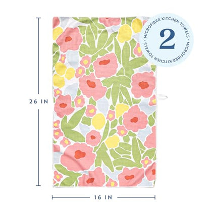 ELYN Microfiber Kitchen Dish Towel Set, Quick-Dry & Absorbent Waffle Weave Cleaning Towels, Set of 2 Kitchen Towels, Paper Towels Alternative (Bold Floral & Geo) - color: Bold Floral & Geo, style: Dish Towel - 2 Pack