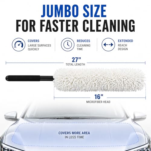 HI-TECH Industries Microfiber Jumbo Duster MFJD-1 – 27" Scratch-Free Car Duster for Dust Pollen & Light Debris, Safe on Paint Chrome & Glass, Includes Storage Bag
