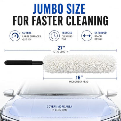 HI-TECH Industries Microfiber Jumbo Duster MFJD-1 – 27" Scratch-Free Car Duster for Dust Pollen & Light Debris, Safe on Paint Chrome & Glass, Includes Storage Bag