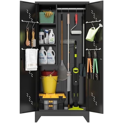 75" Metal Garage Storage Cabinet, Cleaning Tool Storage Cabinet, Utility Garage Storage Broom Closet with Doors, Hanging Rod (Black, Door-2)