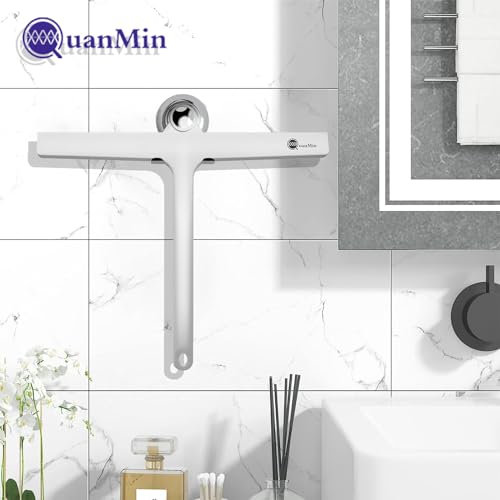 Upgraded 9 Inch Rounded Shower Squeegee with Hook & Suction Cup, Stainless Steel Core Silicone Blade, Streak-Free Wiper for Shower Doors, Windows, Mirrors, Tile & Household Cleaning (White) - size: Square Headed-9 inch（White）