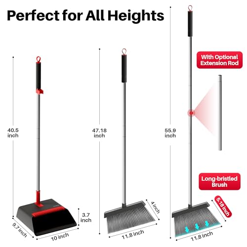 JOYMOOP Black and Red Broom and Dustpan Set, Upright Angle Design with Built-in Comb Teeth for Home, Office, Hard Floors - color: Black & Red