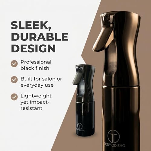 Professional Continuous Fine Mist Spray Bottle – Refillable Ultra-Fine Mister w/ 360° Spray for Hair Styling, Curls, Plants & Household Cleaning – Sleek Black Design for Salon or Home Use