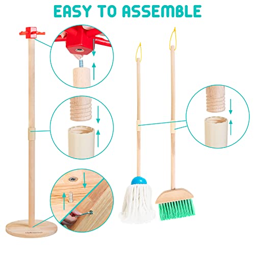 Kids Cleaning Set, 8 Pcs Wooden Housekeeping Play Set Includes Broom Mop Duster Dustpan Brushes Rag and Organizing Stand, Cleaning Toys Gift for Toddlers Girls Boys Age 3-6, Solid Beech Wood