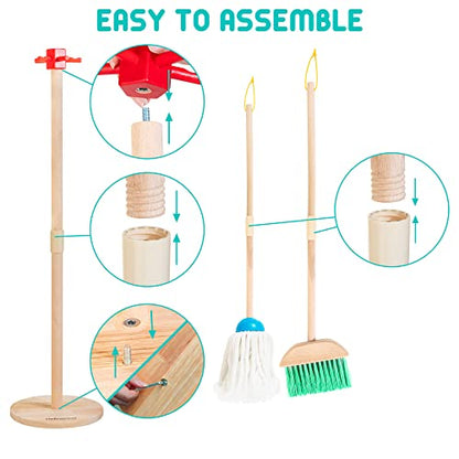 Kids Cleaning Set, 8 Pcs Wooden Housekeeping Play Set Includes Broom Mop Duster Dustpan Brushes Rag and Organizing Stand, Cleaning Toys Gift for Toddlers Girls Boys Age 3-6, Solid Beech Wood