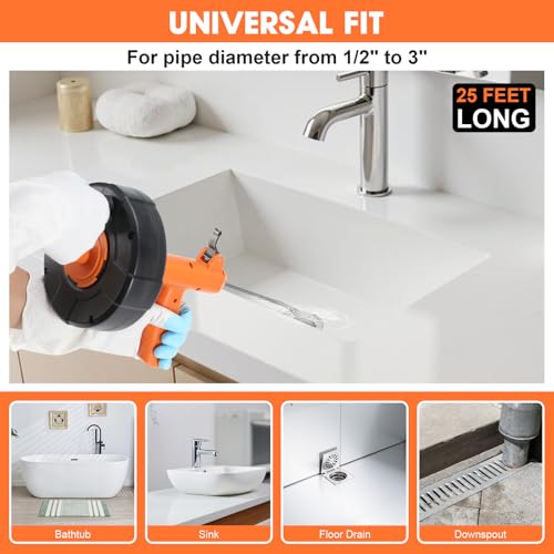 Drain Snake, Drain Auger with Drill Attachment, 25 Feet Plumbing Snake Auto Feed Flexible Hair Drain Clog Remover for Kitchen, Bathrom and Shower Sink with Gloves
