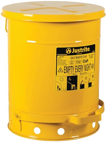 Justrite 10 Gallon Galvanized Steel Oily Waste Can, 18" x 14" Metal Oil Rag Safety Can with Foot Operated Self-Closing Lid for Oil Rag Disposal, Made in The USA, Yellow, 09301 - color: Yellow, size: 10 Gallon, style: Foot-Operated Lid