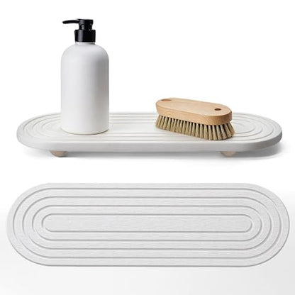 Instant Dry Sink Caddy Organizer, Fast Drying Sink Caddy, Water Absorbing Stone Sponge Holder for Kitchen and Bathroom Countertop with Natural Loofah and Wooden Feet - color: White