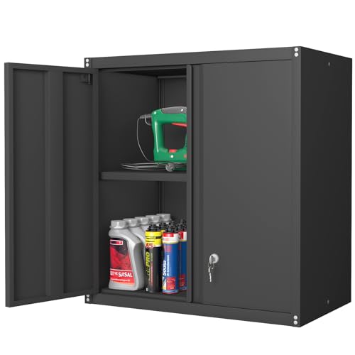 28" H Garage Storage Cabinet, Metal Garage Wall Cabinets with Doors and Shelves, Small Wall Mount Cabinet for Kitchen, Garage, Laundry Room, Pantry, Black - color: Black, size: 28''H-2 doors