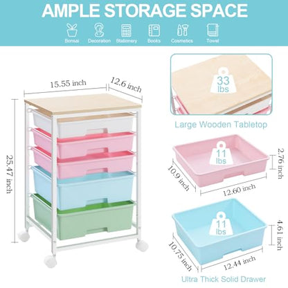 SYKIARIOL Utility Cart with 5 Drawers,Storage Drawer Cart with Wooden Tabletop and Lockable Wheels,Craft Storage Trolley Cart,5-Tier Rolling Utility Cart on Wheels,Rainbow - color: Rainbow